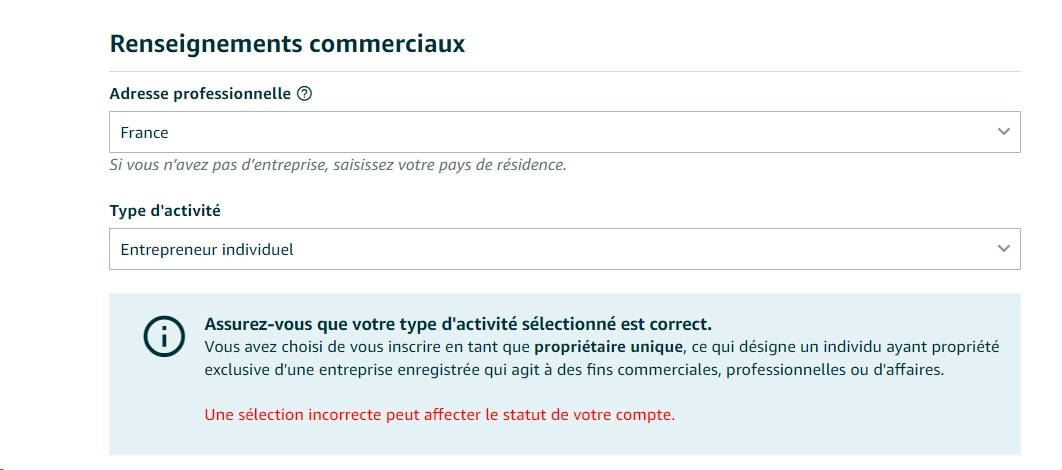 Formulaire d’inscription compte vendeur Amazon