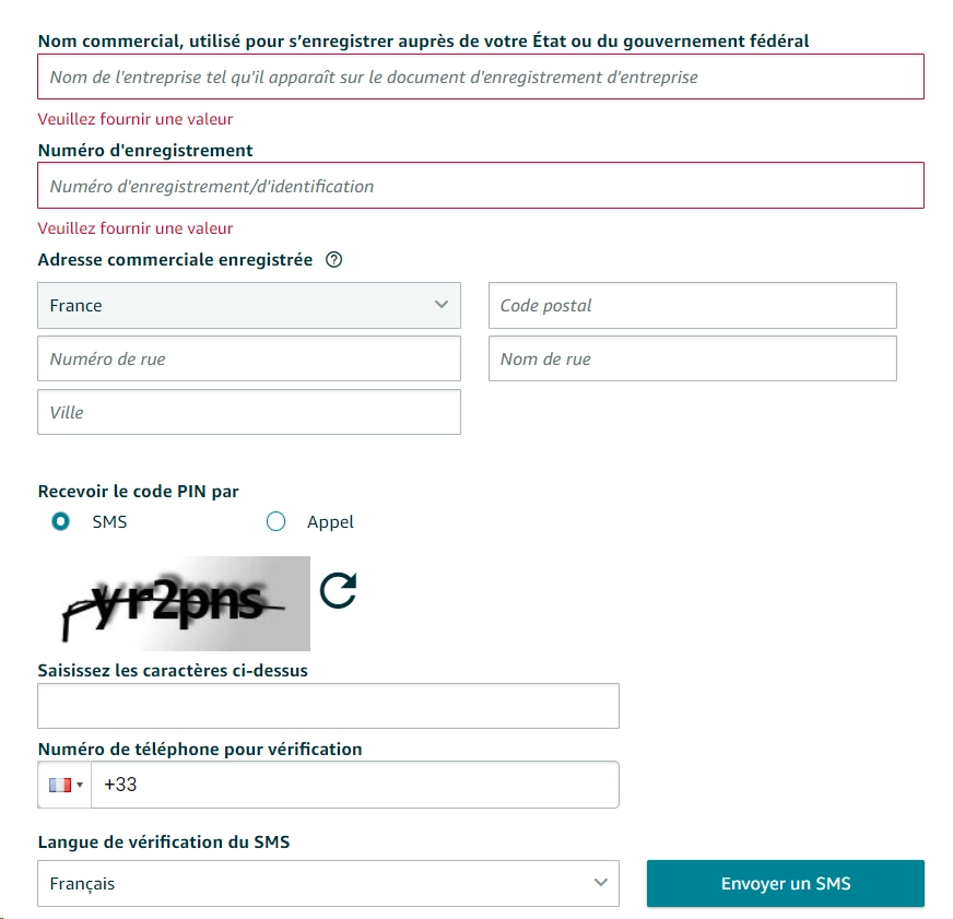 Étape inscription compte vendeur Amazon