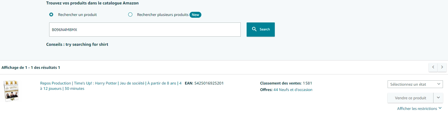 Recherche produit par EAN ou ASIN — Seller Central