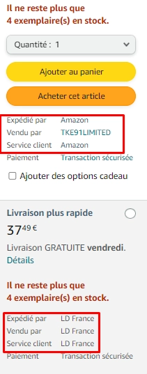 Comparaison Amazon : Vendu par TKE91LIMITED vs Vendu par LD France — un nom de boutique professionnel inspire davantage confiance