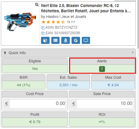 Seller Amp — exemple alertes produit