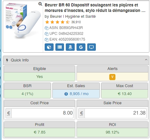 Seller Amp — exemple produit avec 3 variations, alerte V
