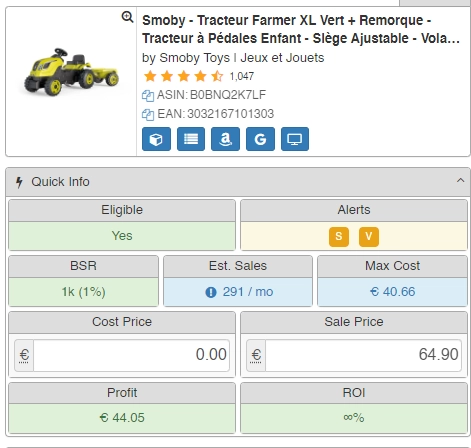 Seller Amp — alerte S Oversize, article grand