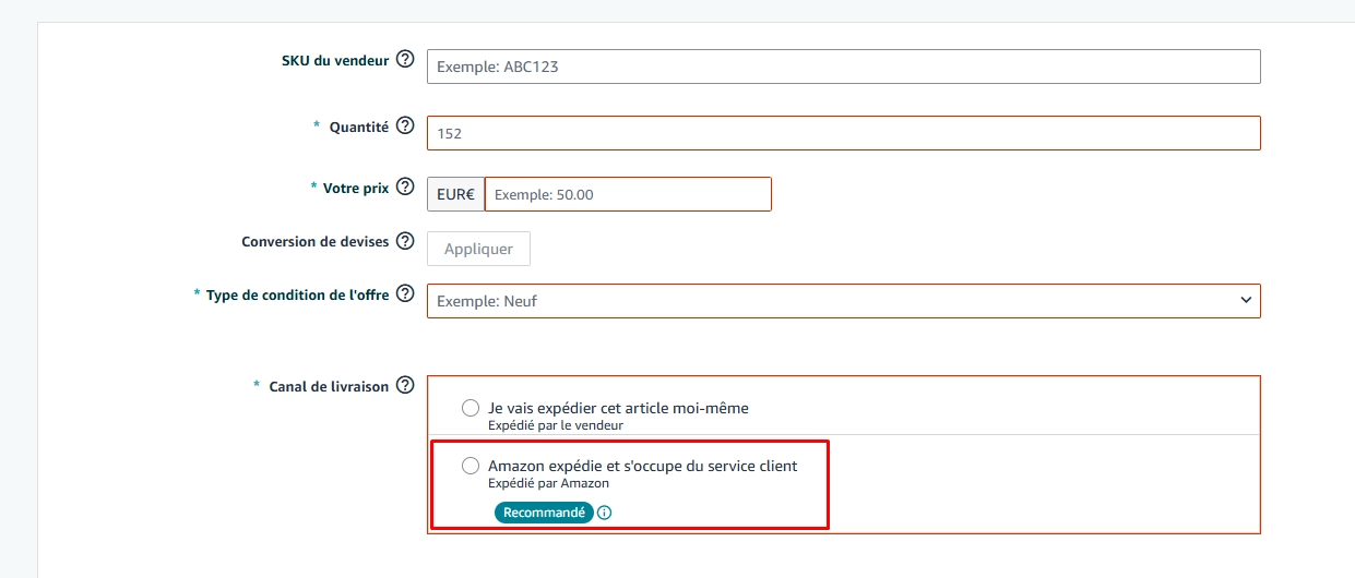 Fiche produit — quantité, prix, Amazon expédie et service client FBA
