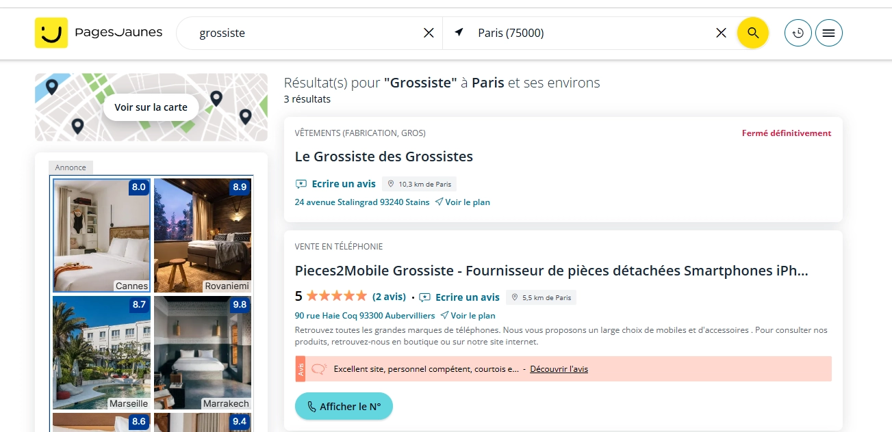 Exemple recherche grossistes — Pages Jaunes