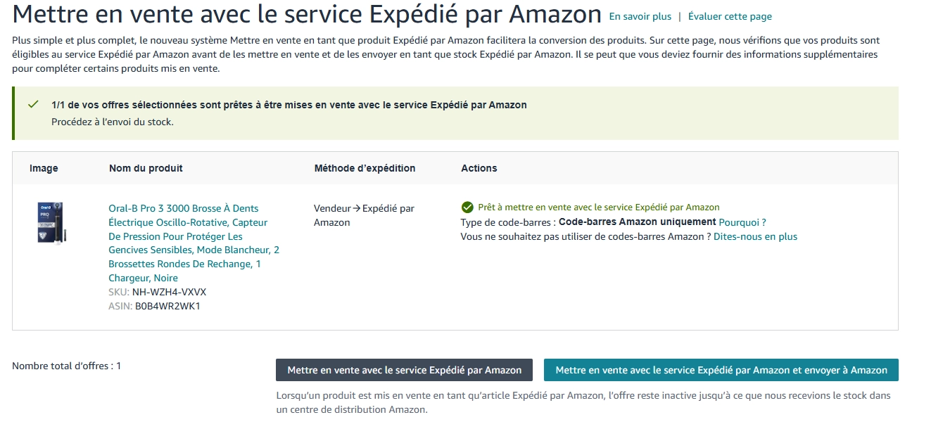 Notification — article en cours d’ajout au stock FBA