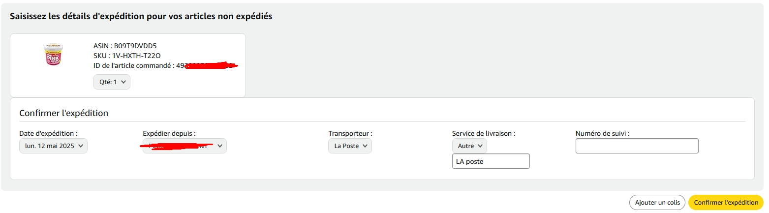 Numéro de suivi — confirmer l'expédition FBM