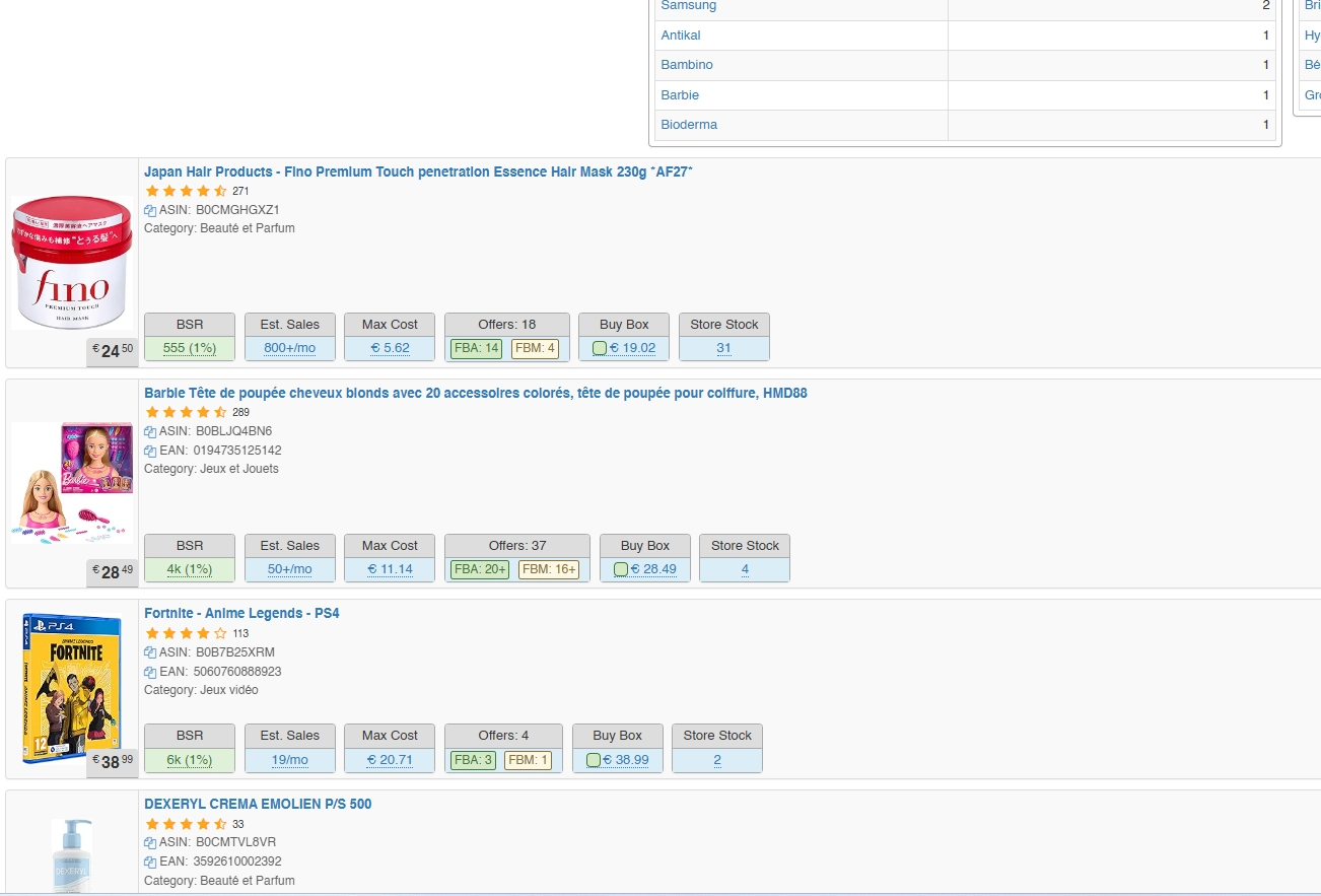 Profil vendeur — produits en vente, recherche inversée