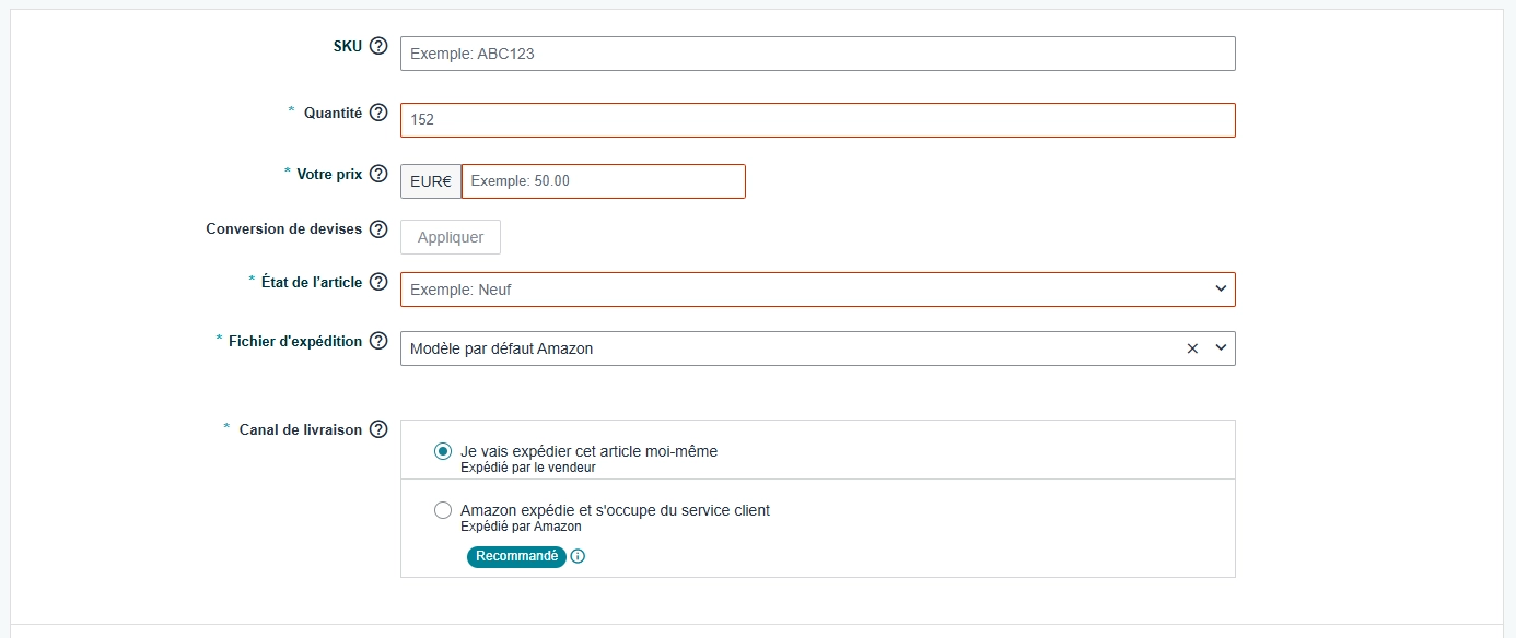 Fiche produit FBM — quantité, prix, expédition par le vendeur