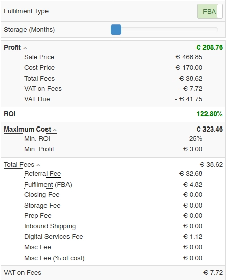 Seller Amp — Total Fees, frais FBA