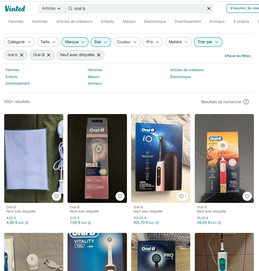 Exemple recherche Oral-B sur Vinted — plus de 500 résultats