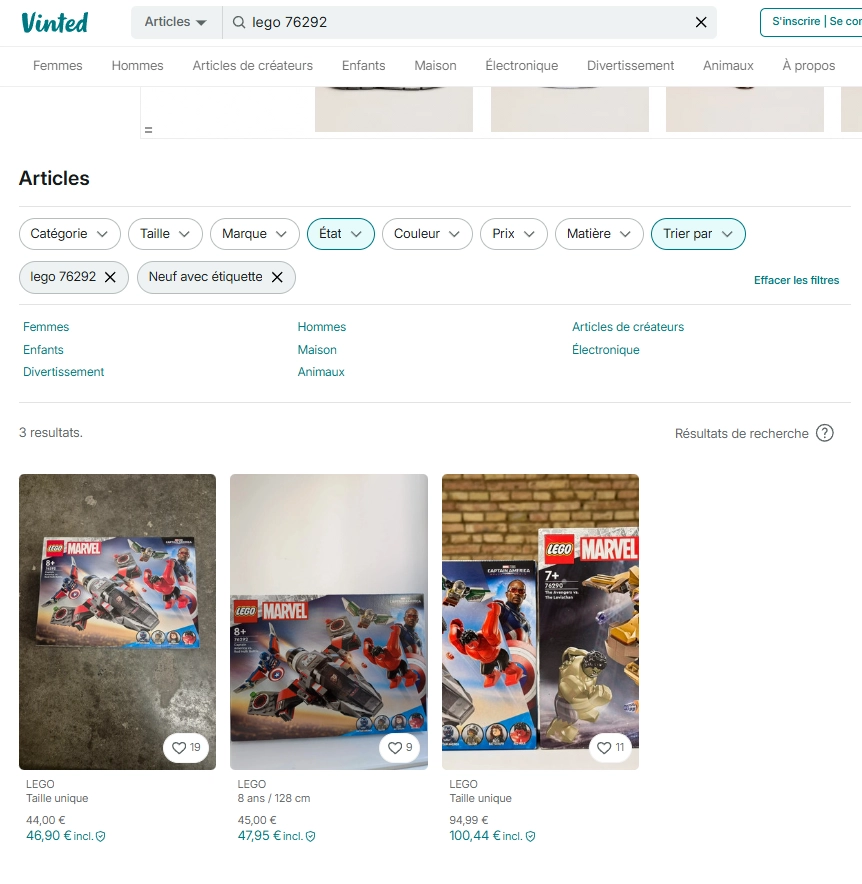 Exemple recherche Lego 76292 sur Vinted — 3 résultats