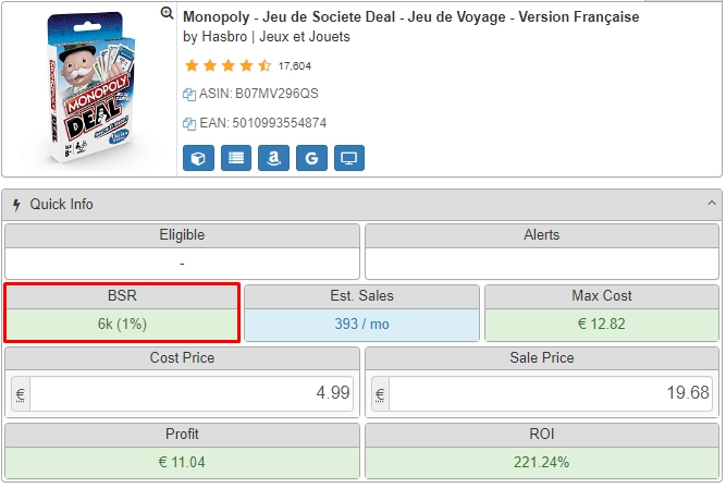Exemple de fiche Seller Amp montrant le BSR 6k (1%) pour le Monopoly Deal, avec ventes estimées, coût et ROI