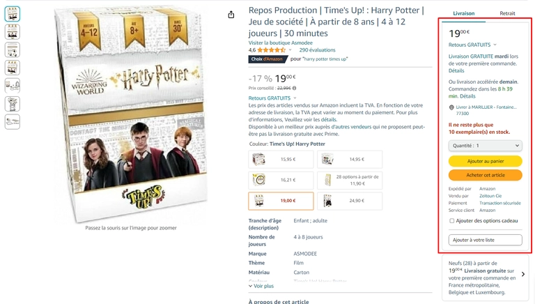 Exemple de page produit Amazon avec la Buy Box encadrée à droite (prix, livraison, boutons d'achat)
