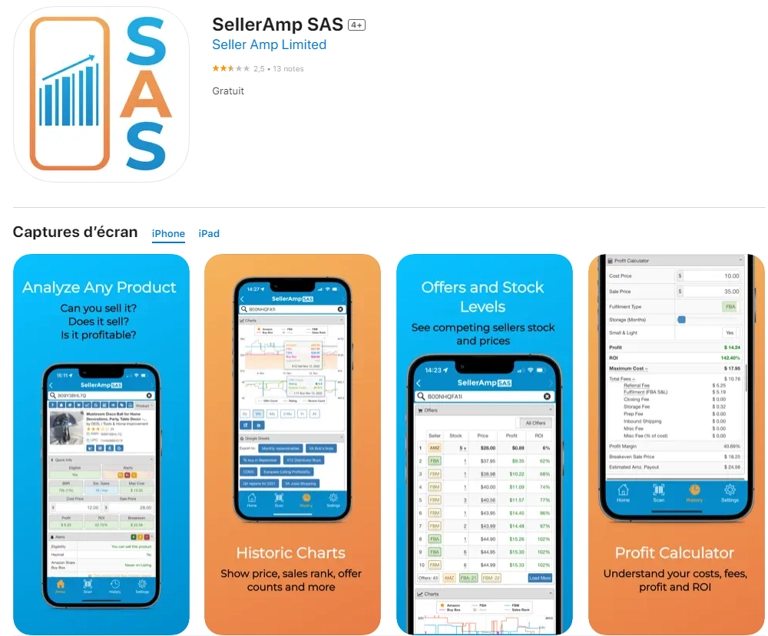 SellerAmp SAS sur l'App Store — captures d'écran (analyse produit, graphiques, offres/stock, calculateur de profit)